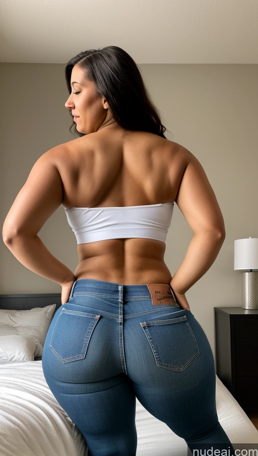 ai nude image of araffe woman in jeans and a white top standing on a bed pics of Athlete Big Hips Big Ass Jeans Bedroom