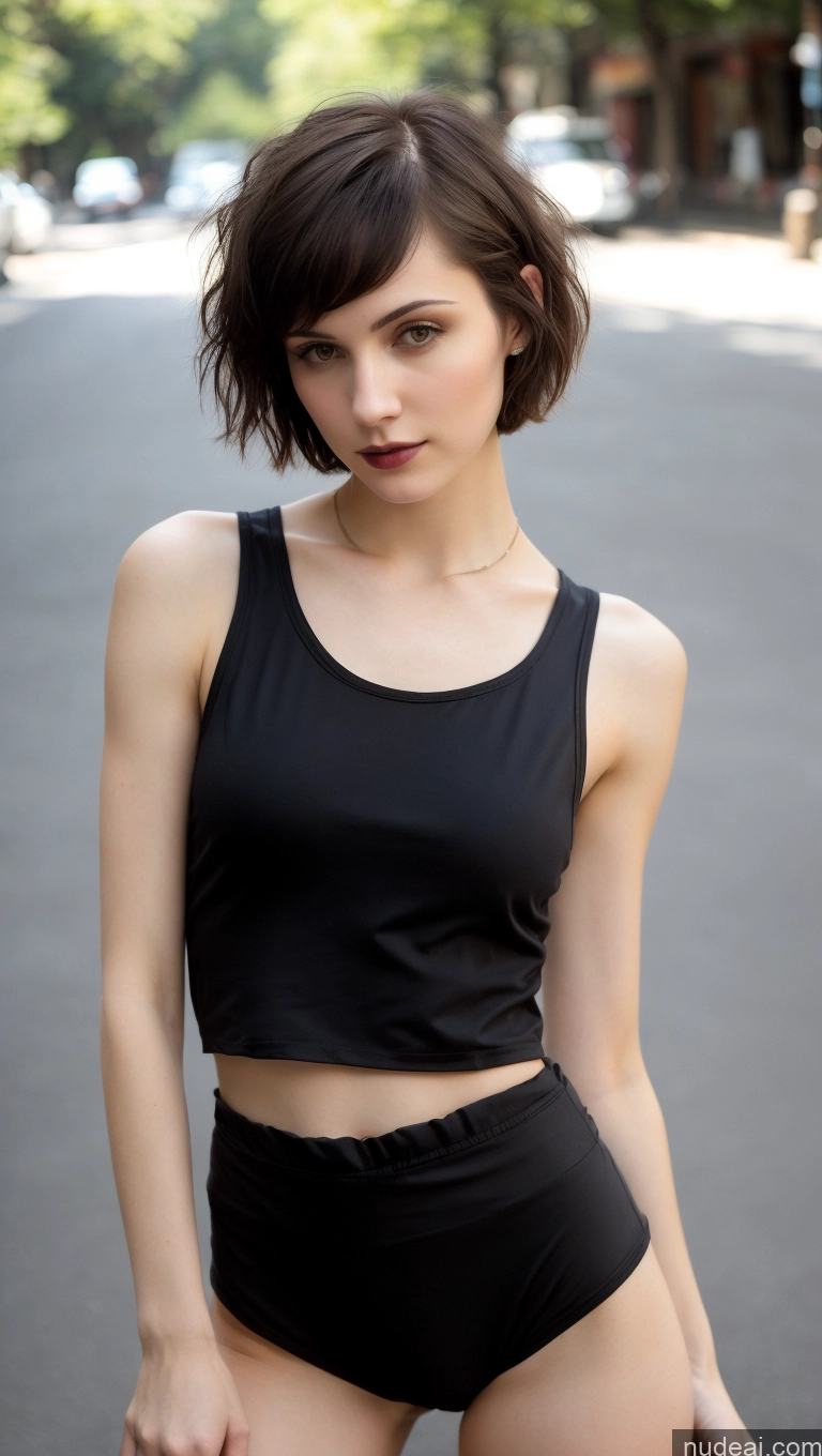 ai nude image of arafed woman in black top and black shorts posing for a picture pics of Small Tits Beautiful Skinny Fairer Skin 18 Russian Short Hair Small Ass Brunette Tank Top Harem Pants Street Goth