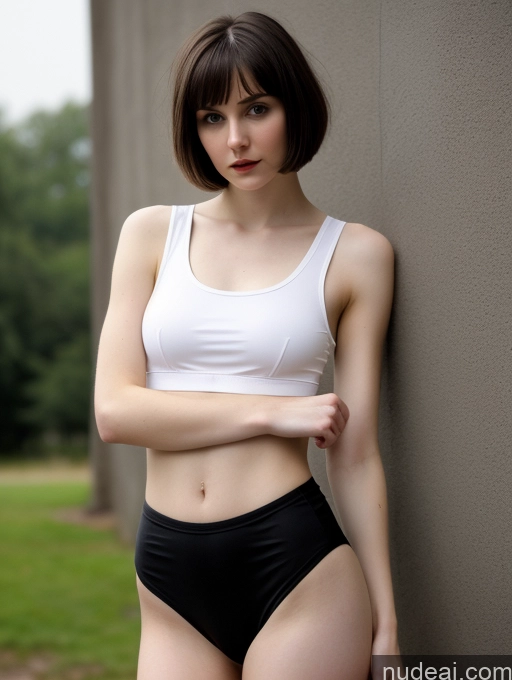 ai nude image of arafed woman in a white top and black panties leaning against a wall pics of Small Tits Beautiful Skinny Fairer Skin 18 Russian Short Hair Small Ass Brunette Tank Top Goth Close-up View