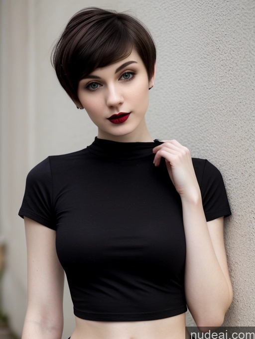 ai nude image of there is a woman with a black top and a red lipstick pics of Small Tits Beautiful Skinny Fairer Skin 18 Russian Short Hair Brunette Goth Close-up View Shirt Lipstick