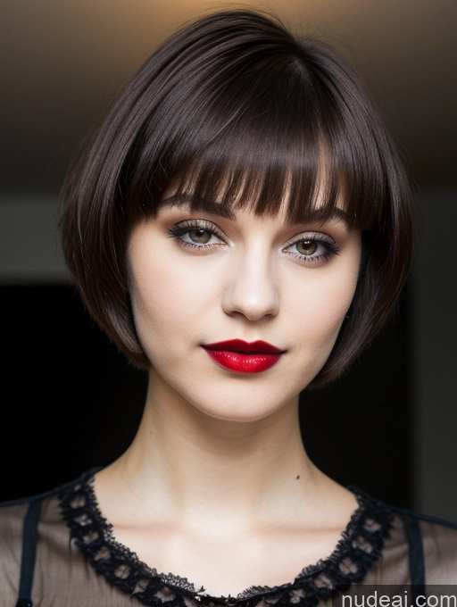 ai nude image of arafed woman with a red lipstick and a black dress pics of Small Tits Beautiful Skinny 18 Russian Short Hair Brunette Goth Close-up View Shirt Lipstick