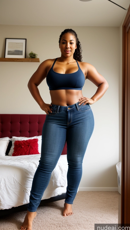 ai nude image of araffe woman in a blue top and jeans standing in a bedroom pics of Athlete Big Hips Big Ass Jeans Bedroom