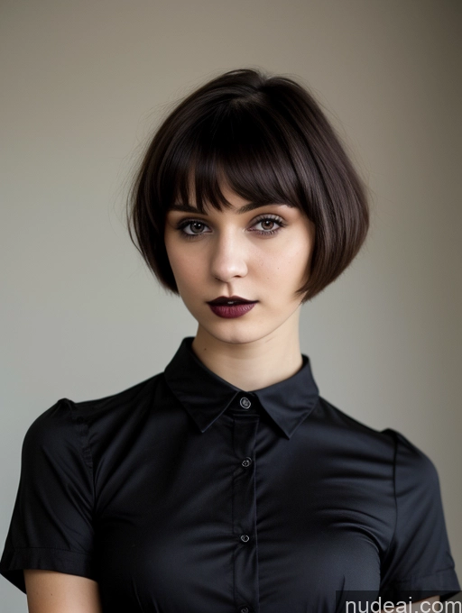 ai nude image of arafed woman with short hair wearing a black shirt and a black tie pics of Small Tits Beautiful Skinny 18 Russian Short Hair Brunette Goth Close-up View Shirt