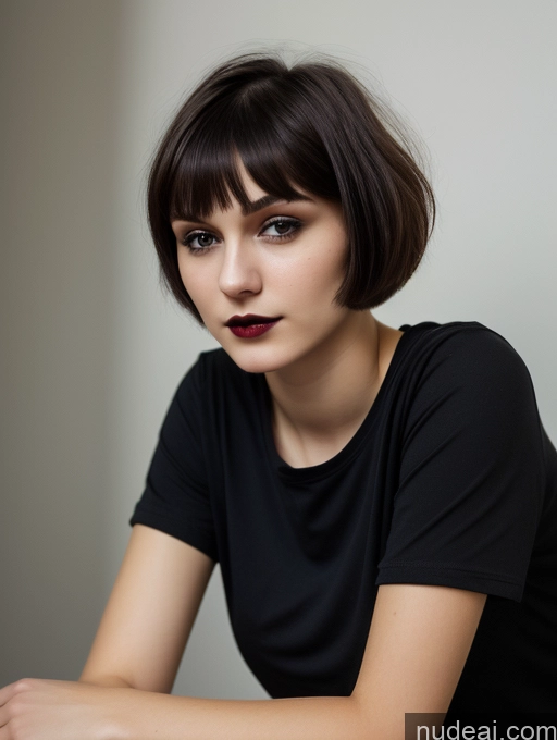 ai nude image of arafed woman with short hair and a black shirt sitting at a table pics of Small Tits Beautiful Skinny 18 Russian Short Hair Brunette Goth Close-up View Shirt