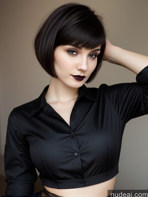 ai nude image of arafed woman with black hair and a black shirt posing for a picture pics of Small Tits Beautiful Skinny 18 Russian Short Hair Brunette Goth Close-up View Shirt