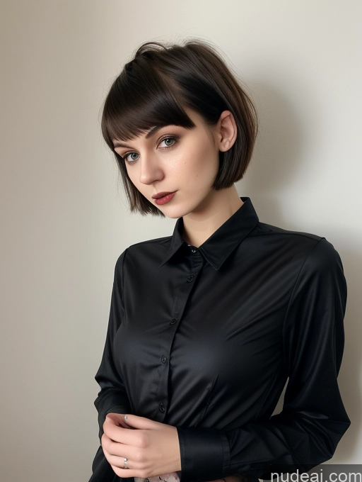 ai nude image of arafed woman in a black shirt and white skirt posing for a picture pics of Small Tits Beautiful Skinny 18 Russian Short Hair Brunette Goth Close-up View Shirt