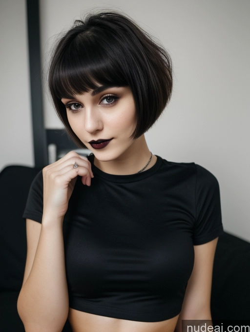 ai nude image of arafed woman with black lipstick and a black top posing for a picture pics of Small Tits Beautiful Skinny 18 Russian Short Hair Brunette Goth Close-up View Shirt