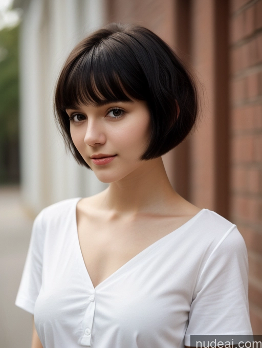 ai nude image of arafed woman with short hair and a white shirt standing in front of a brick wall pics of Small Tits Beautiful Skinny 18 Russian Short Hair Close-up View Shirt Black Hair