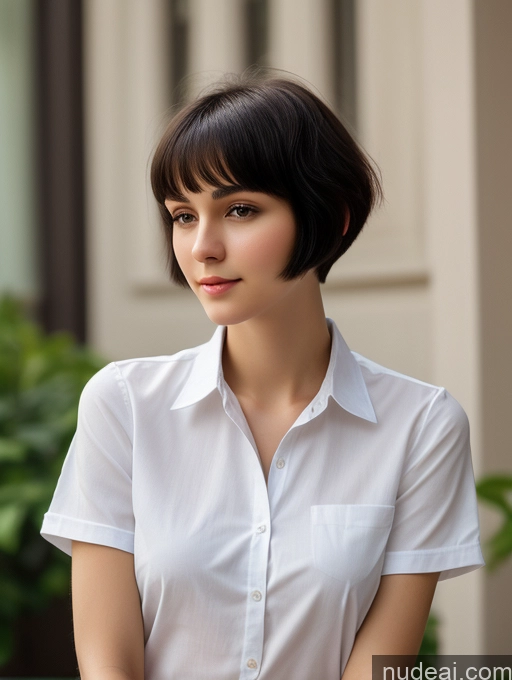 ai nude image of arafed woman in white shirt sitting on a bench with a cell phone pics of Small Tits Beautiful Skinny 18 Russian Short Hair Close-up View Shirt Black Hair