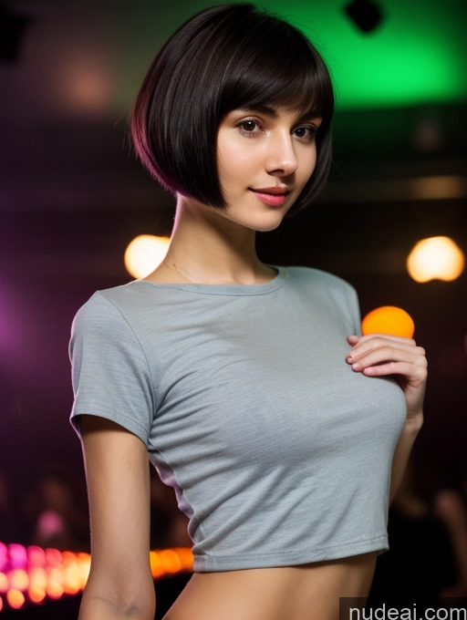 ai nude image of arafed woman in a grey shirt posing for a picture pics of Small Tits Beautiful Skinny 18 Russian Short Hair Close-up View Shirt Black Hair Club