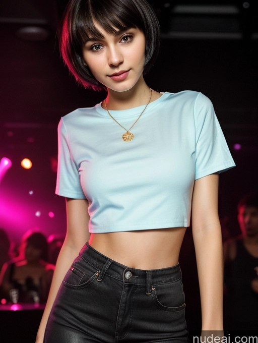 ai nude image of arafed woman in a blue crop top and black pants posing for a picture pics of Small Tits Beautiful Skinny 18 Russian Short Hair Close-up View Shirt Black Hair Club