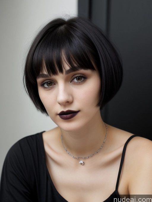 ai nude image of arafed woman with a black dress and a necklace and a necklace pics of Small Tits Beautiful Skinny 18 Russian Short Hair Black Hair Shirt Close-up View Goth