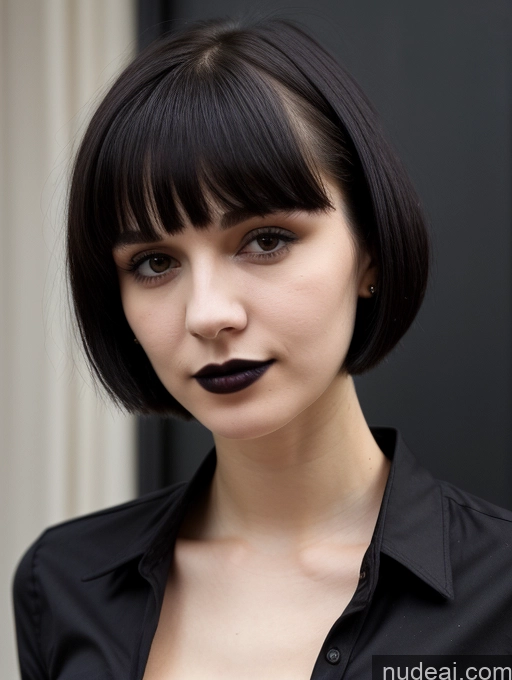 ai nude image of arafed woman with black lipstick and a black shirt pics of Small Tits Beautiful Skinny 18 Russian Short Hair Black Hair Shirt Close-up View Goth