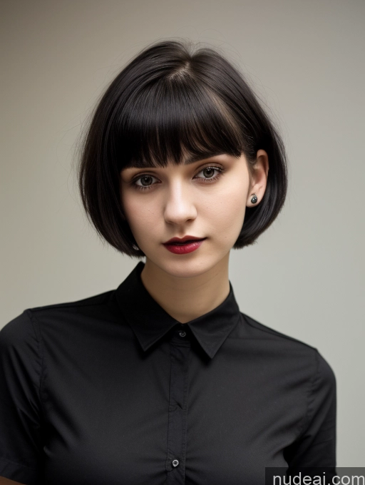 ai nude image of arafed woman with a black shirt and a red lip pics of Small Tits Beautiful Skinny 18 Russian Short Hair Black Hair Shirt Close-up View Goth