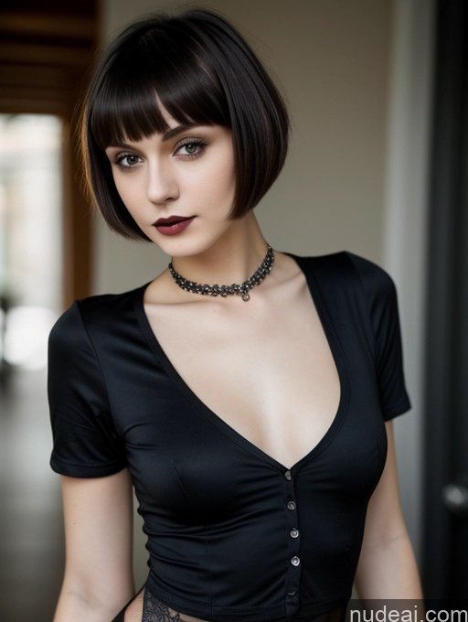 ai nude image of arafed woman in a black top and a choker with a necklace pics of Small Tits Beautiful Skinny 18 Russian Short Hair Shirt Close-up View Goth Brunette