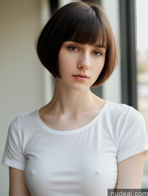 ai nude image of arafed woman with short hair and a white shirt posing for a picture pics of Small Tits Beautiful Skinny 18 Russian Short Hair Shirt Close-up View Black Hair Fairer Skin Serious