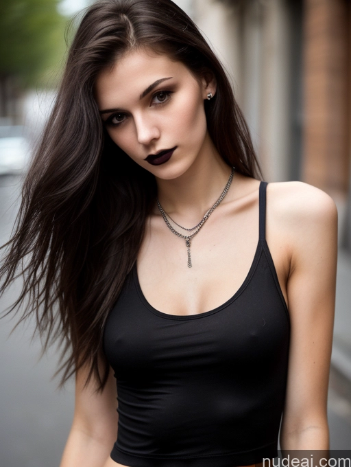 ai nude image of arafed woman with long hair and a black top on a street pics of 18 Small Tits Skinny Beautiful Long Hair Russian Close-up View Goth Brunette Tank Top Street