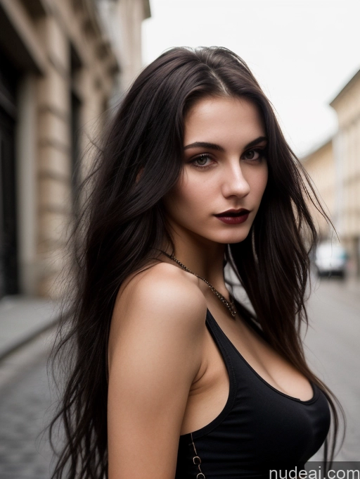 ai nude image of arafed woman with long dark hair and a black top pics of 18 Small Tits Skinny Beautiful Long Hair Russian Close-up View Goth Brunette Tank Top Street