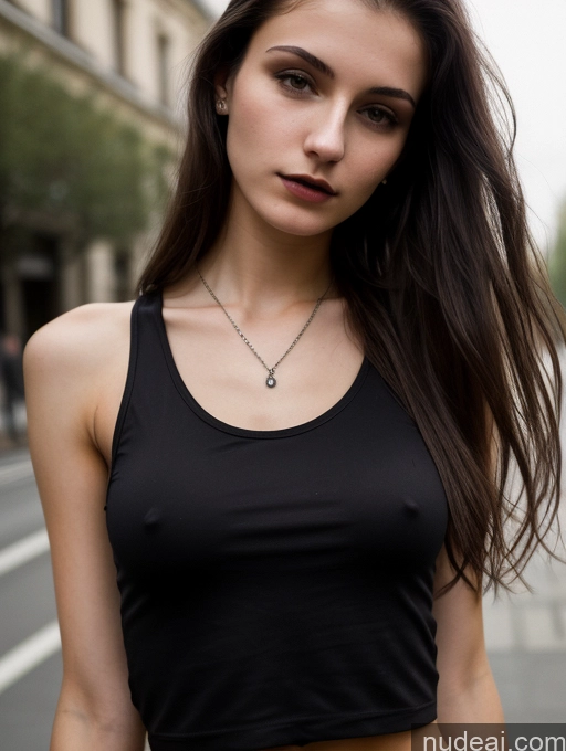 ai nude image of arafed woman in a black top and jeans standing on a street pics of 18 Small Tits Skinny Beautiful Long Hair Russian Close-up View Goth Brunette Tank Top Street