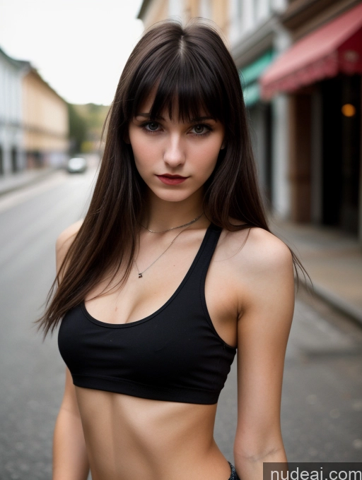 ai nude image of arafed woman in a black top and jeans standing on a street pics of 18 Small Tits Skinny Beautiful Russian Close-up View Goth Brunette Tank Top Street Bangs