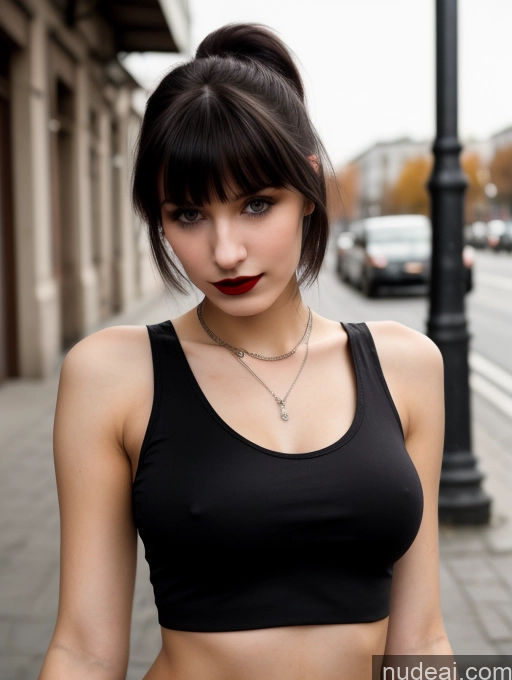 ai nude image of there is a woman with a black top and a necklace on pics of 18 Small Tits Skinny Beautiful Russian Close-up View Goth Brunette Tank Top Street Bangs Lipstick