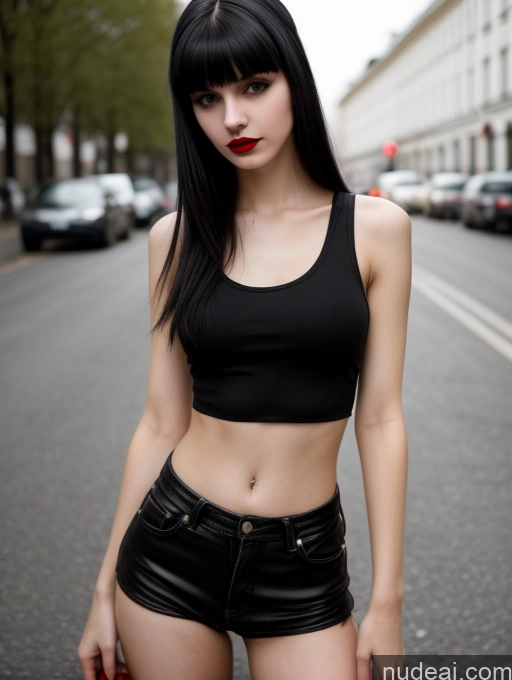 ai nude image of arafed woman in black top and leather shorts standing on street pics of 18 Small Tits Skinny Beautiful Russian Close-up View Goth Tank Top Street Bangs Lipstick Black Hair