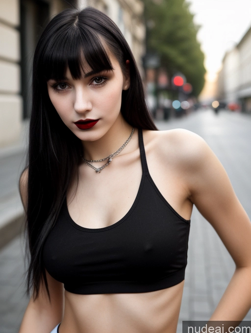 ai nude image of arafed woman with black hair and a black bra top pics of 18 Small Tits Skinny Beautiful Russian Close-up View Goth Tank Top Street Bangs Lipstick Black Hair