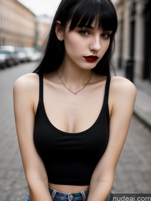 ai nude image of arafed woman with black hair and a black top posing for a picture pics of 18 Small Tits Skinny Beautiful Russian Close-up View Goth Tank Top Street Bangs Lipstick Black Hair