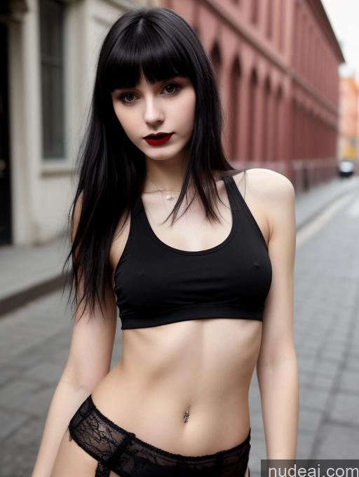 ai nude image of arafed woman in black top and panties standing on street pics of 18 Small Tits Skinny Beautiful Russian Close-up View Goth Tank Top Street Bangs Lipstick Black Hair