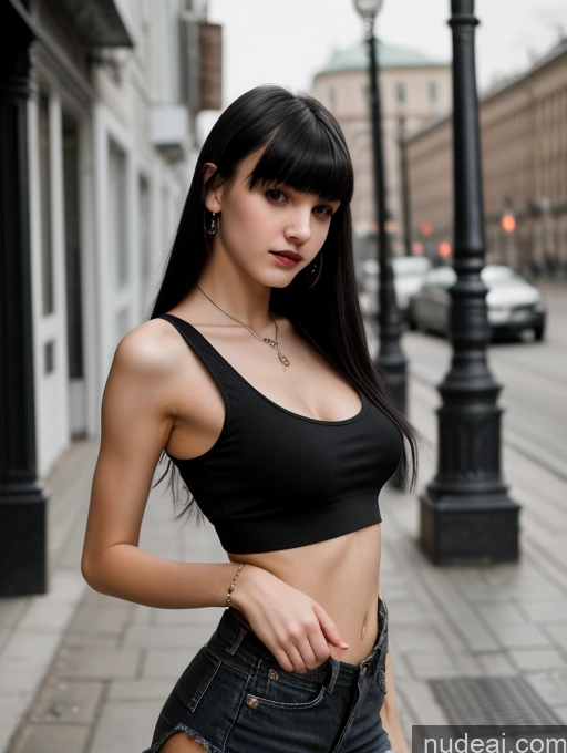 ai nude image of arafed woman in a black top and jeans posing for a picture pics of 18 Small Tits Skinny Beautiful Russian Close-up View Goth Tank Top Street Bangs Black Hair