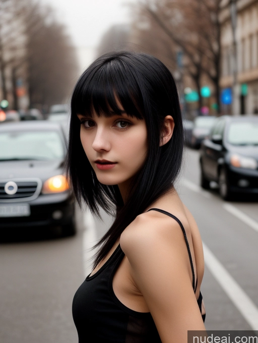 ai nude image of arafed woman with black hair and bangs standing on a city street pics of 18 Small Tits Skinny Beautiful Russian Close-up View Goth Tank Top Street Bangs Black Hair