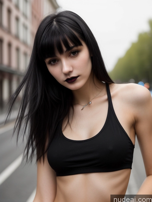 ai nude image of arafed woman in a black top and jeans standing on a street pics of 18 Small Tits Skinny Beautiful Russian Close-up View Goth Tank Top Street Bangs Black Hair