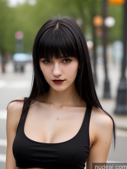 ai nude image of arafed woman with black hair and a black top on a city street pics of 18 Small Tits Skinny Beautiful Russian Close-up View Goth Tank Top Street Bangs Black Hair