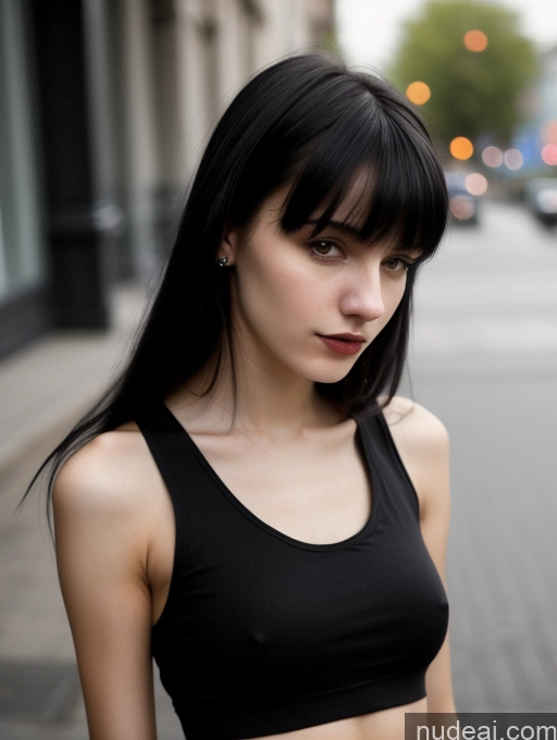 ai nude image of arafed woman in black top standing on sidewalk with cell phone pics of 18 Small Tits Skinny Beautiful Russian Close-up View Goth Tank Top Street Bangs Black Hair