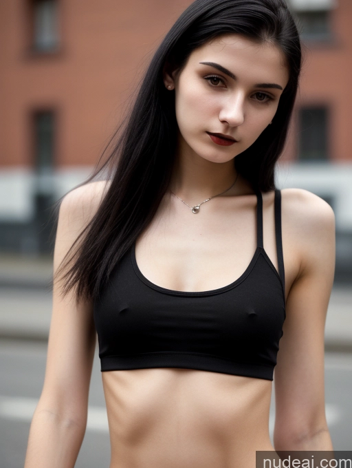 ai nude image of arafed woman in a black top and jeans standing on a street pics of 18 Small Tits Skinny Beautiful Russian Close-up View Goth Tank Top Street Black Hair Straight