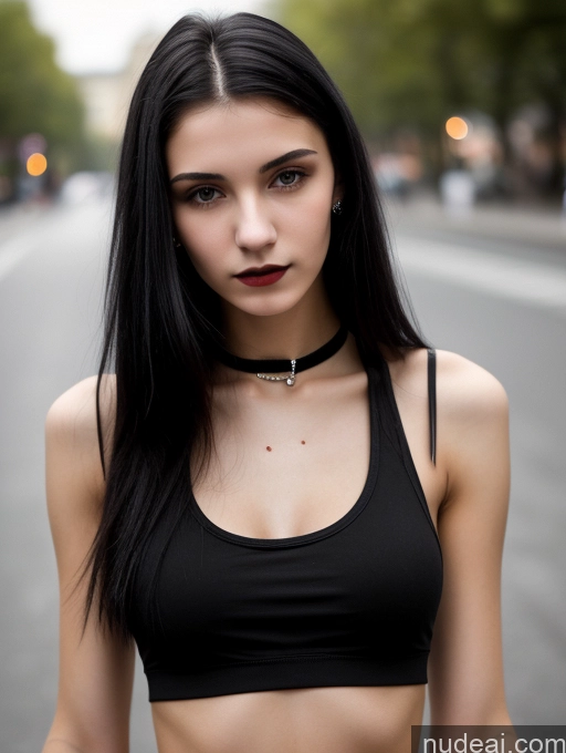 ai nude image of arafed woman with black hair and a choke on her neck pics of 18 Small Tits Skinny Beautiful Russian Close-up View Goth Tank Top Street Black Hair Straight