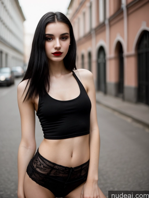 ai nude image of arafed woman in black top and panties standing on street pics of 18 Small Tits Skinny Beautiful Russian Close-up View Goth Tank Top Street Black Hair Straight Lipstick