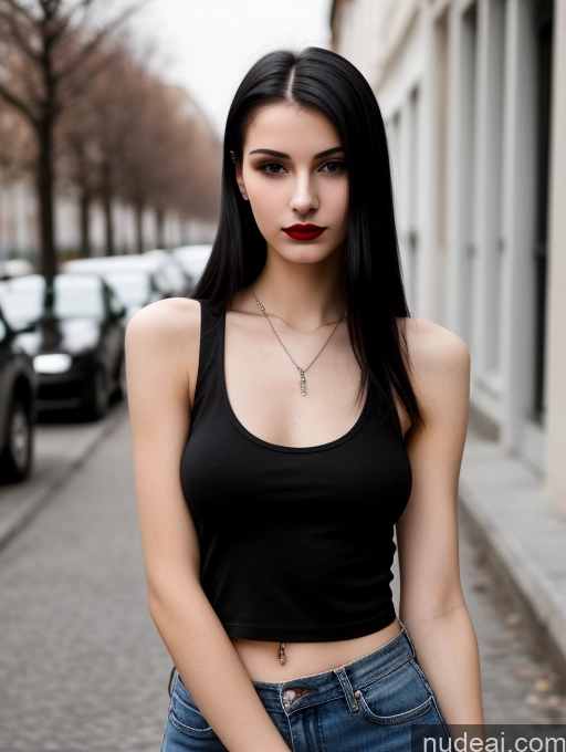 ai nude image of arafed woman with black hair and a black top standing on a street pics of 18 Small Tits Skinny Beautiful Russian Close-up View Goth Tank Top Street Black Hair Straight Lipstick