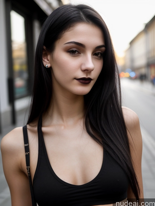 ai nude image of arafed woman with long black hair and a black bra top pics of 18 Small Tits Skinny Beautiful Russian Close-up View Goth Tank Top Street Black Hair Straight