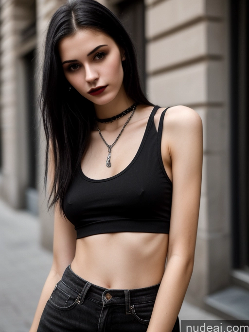 ai nude image of arafed woman in black top and jeans standing on sidewalk pics of 18 Small Tits Skinny Beautiful Russian Close-up View Goth Tank Top Street Black Hair Straight