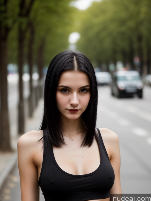 ai nude image of arafed woman in a black top standing on a street pics of 18 Small Tits Skinny Beautiful Russian Close-up View Goth Tank Top Street Black Hair Straight