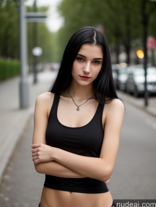 ai nude image of arafed woman in black top standing on the side of the road pics of Small Tits Beautiful Skinny 18 Black Hair Straight Russian Street Close-up View Goth Tank Top