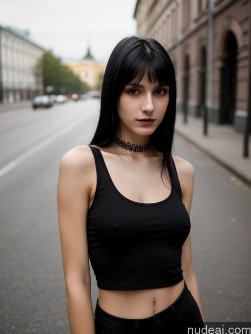 ai nude image of arafed woman in black top standing on street with buildings in background pics of Small Tits Beautiful Skinny 18 Black Hair Straight Russian Street Close-up View Goth Tank Top