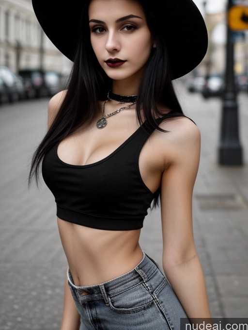 ai nude image of arafed woman in a black top and jeans and a hat pics of Small Tits Beautiful Skinny 18 Black Hair Straight Russian Street Close-up View Goth Tank Top