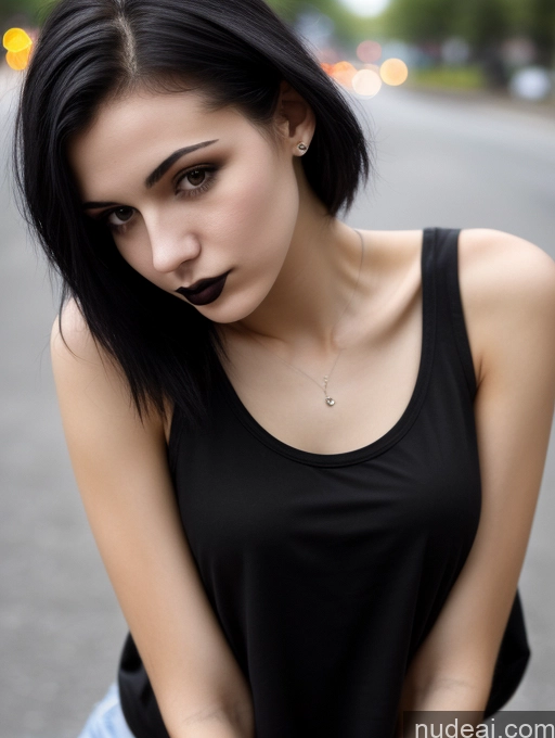 ai nude image of arafed woman with black lipstick and a black top on a street pics of Small Tits Beautiful Skinny 18 Black Hair Straight Russian Street Close-up View Goth Tank Top