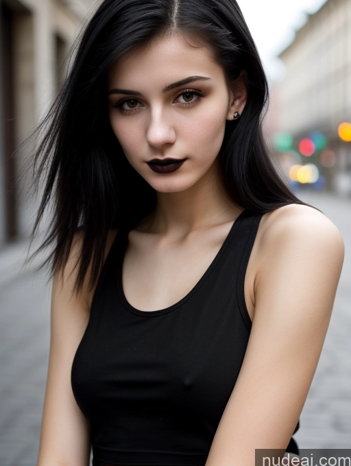 ai nude image of arafed woman with black lipstick and black dress on a city street pics of Small Tits Beautiful Skinny 18 Black Hair Straight Russian Street Close-up View Goth Tank Top