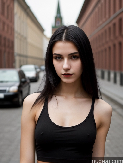 ai nude image of arafed woman in black top standing on street with cars in background pics of Small Tits Beautiful Skinny 18 Black Hair Straight Russian Street Close-up View Goth Tank Top