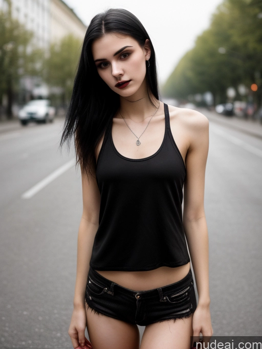 ai nude image of arafed woman in black top and shorts standing on street pics of Small Tits Beautiful Skinny 18 Black Hair Straight Russian Street Close-up View Goth Tank Top