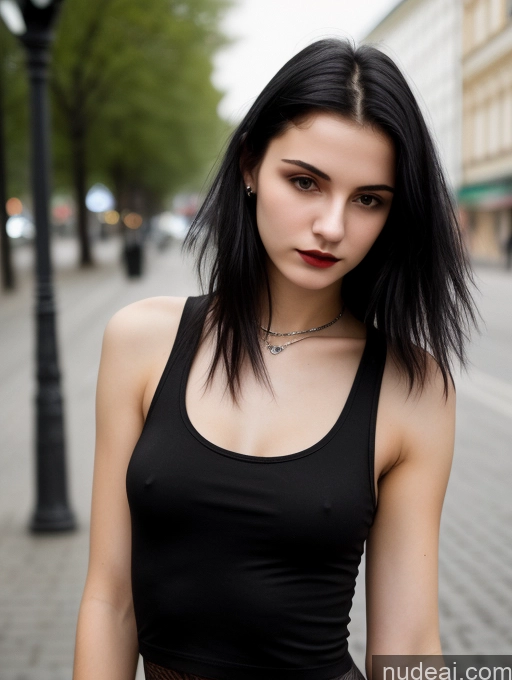 ai nude image of arafed woman in black top standing on sidewalk next to lamp post pics of Small Tits Beautiful Skinny 18 Black Hair Straight Russian Street Close-up View Goth Tank Top