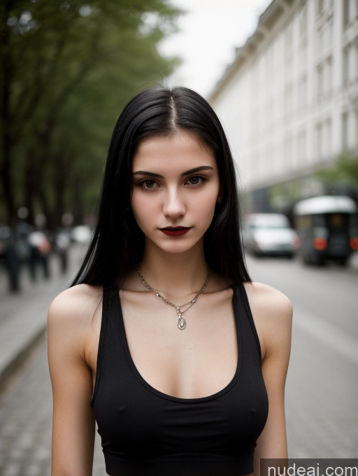 ai nude image of arafed woman with black hair and a black top on a city street pics of Small Tits Beautiful Skinny 18 Black Hair Straight Russian Street Close-up View Goth Tank Top